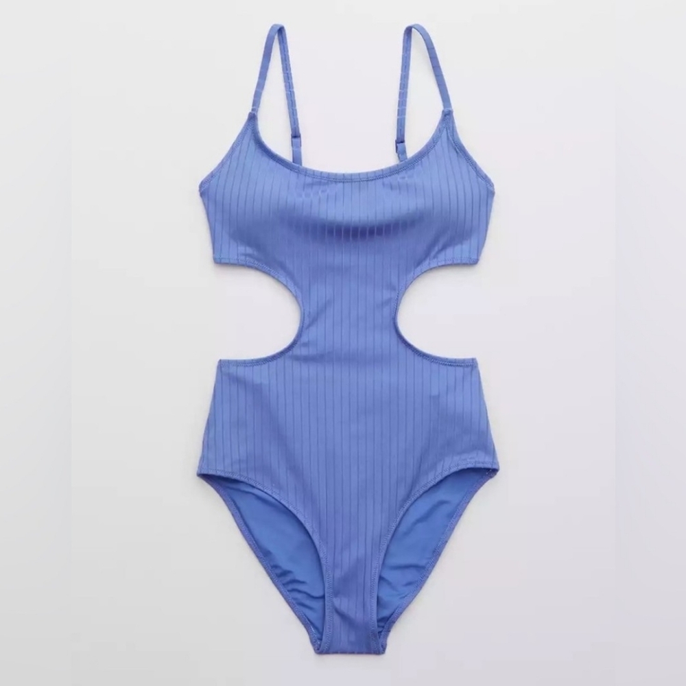Aerie Ribbed Blue One Piece Full Coverage Swimsuit Size XL Side Scoop Cutouts